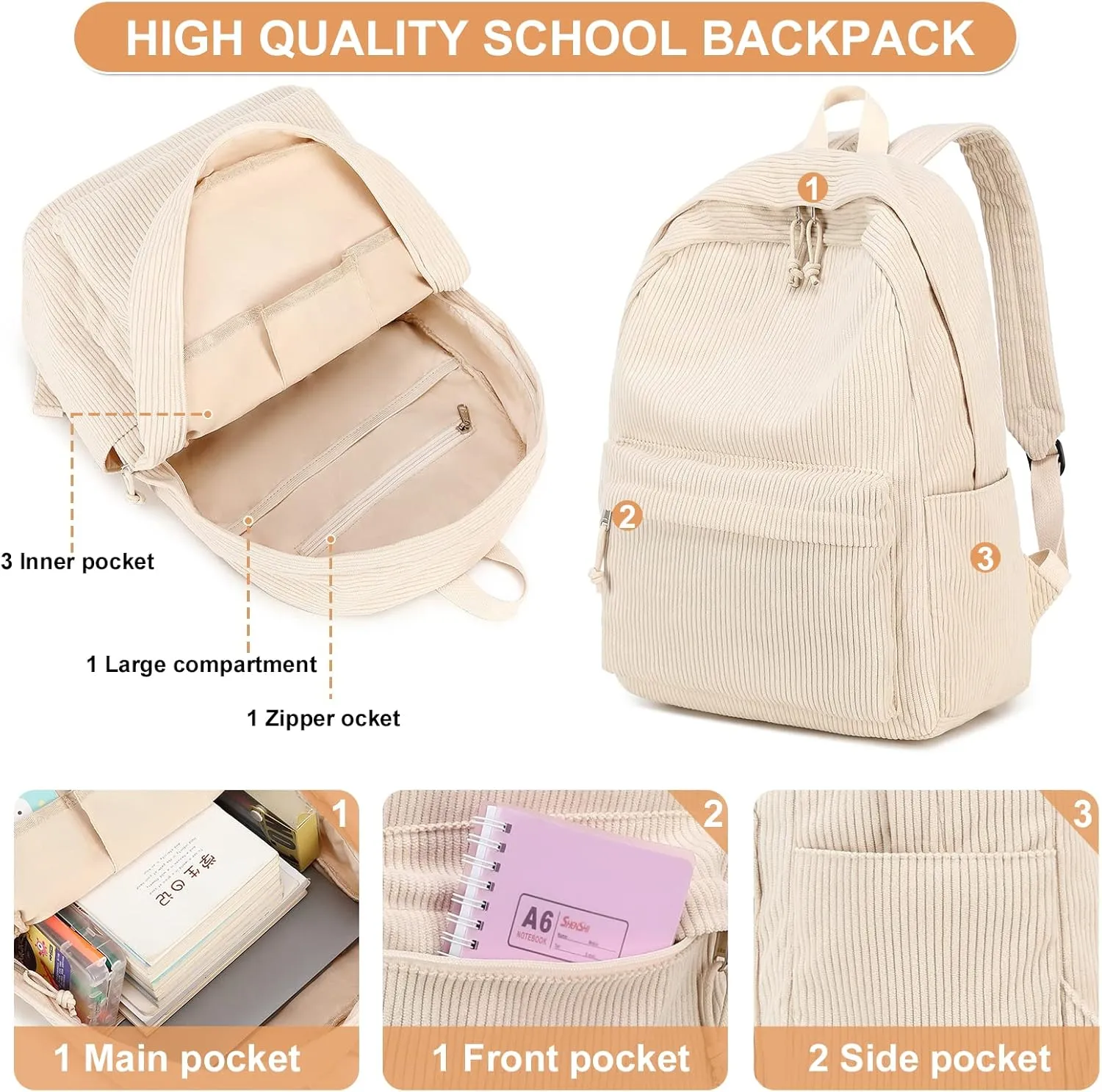School Backpack for Teens Large Corduroy Bookbag Lightweight 17 inch Laptop Bag for Girls Boys Casual High School College Pencil case（Corduroy-Beige）