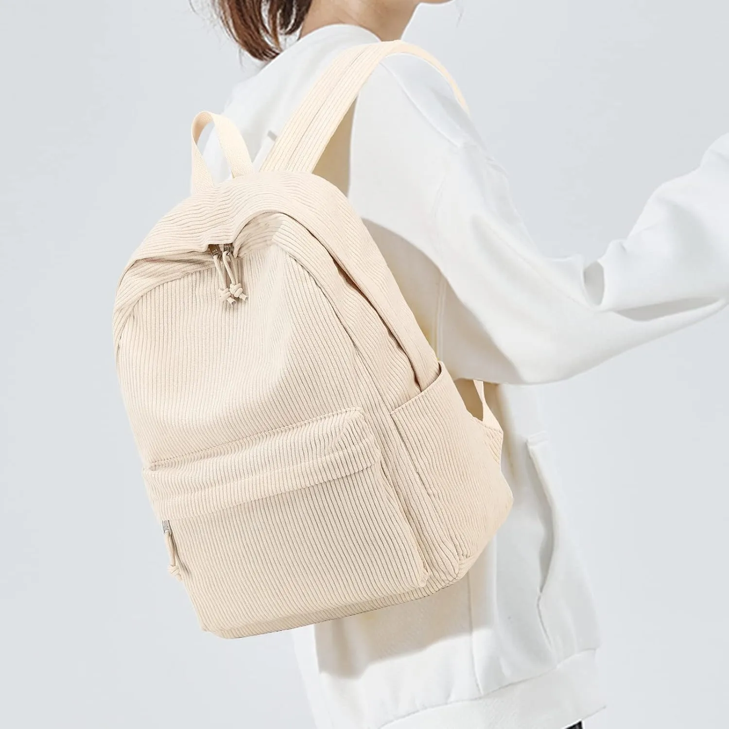 School Backpack for Teens Large Corduroy Bookbag Lightweight 17 inch Laptop Bag for Girls Boys Casual High School College Pencil case（Corduroy-Beige）