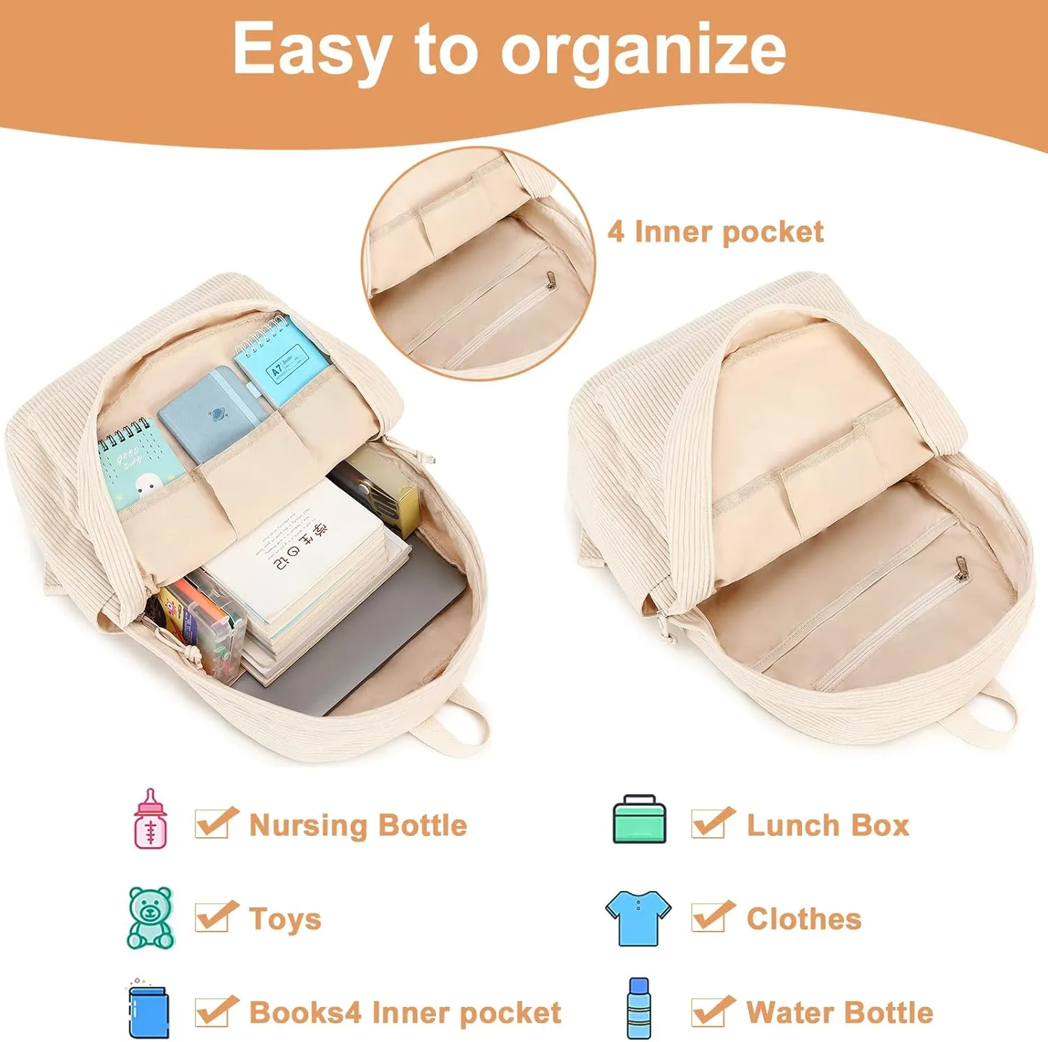 School Backpack for Teens Large Corduroy Bookbag Lightweight 17 inch Laptop Bag for Girls Boys Casual High School College Pencil case（Corduroy-Beige）