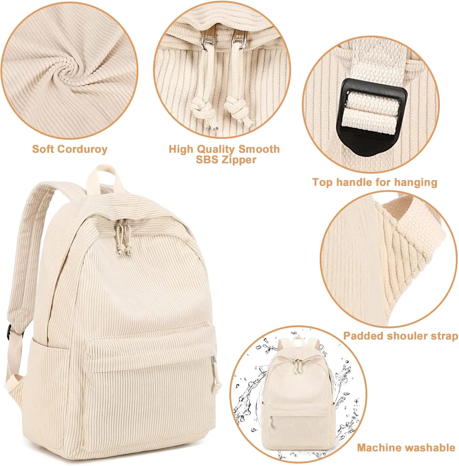 School Backpack for Teens Large Corduroy Bookbag Lightweight 17 inch Laptop Bag for Girls Boys Casual High School College Pencil case（Corduroy-Beige）