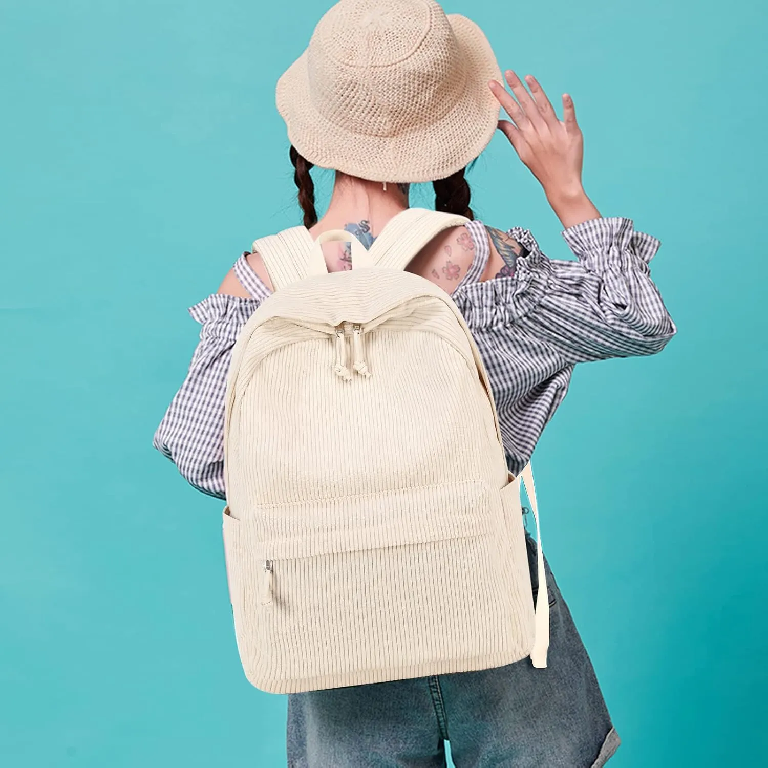 School Backpack for Teens Large Corduroy Bookbag Lightweight 17 inch Laptop Bag for Girls Boys Casual High School College Pencil case（Corduroy-Beige）