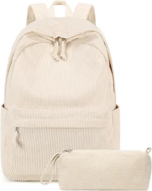 School Backpack for Teens Large Corduroy Bookbag Lightweight 17 inch Laptop Bag for Girls Boys Casual High School College Pencil case（Corduroy-Beige）