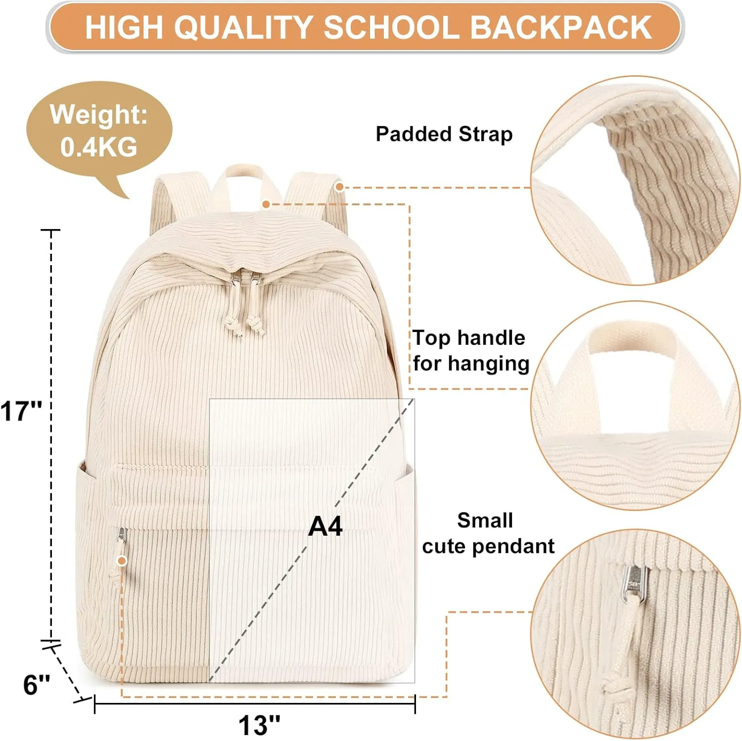 School Backpack for Teens Large Corduroy Bookbag Lightweight 17 inch Laptop Bag for Girls Boys Casual High School College Pencil case（Corduroy-Beige）