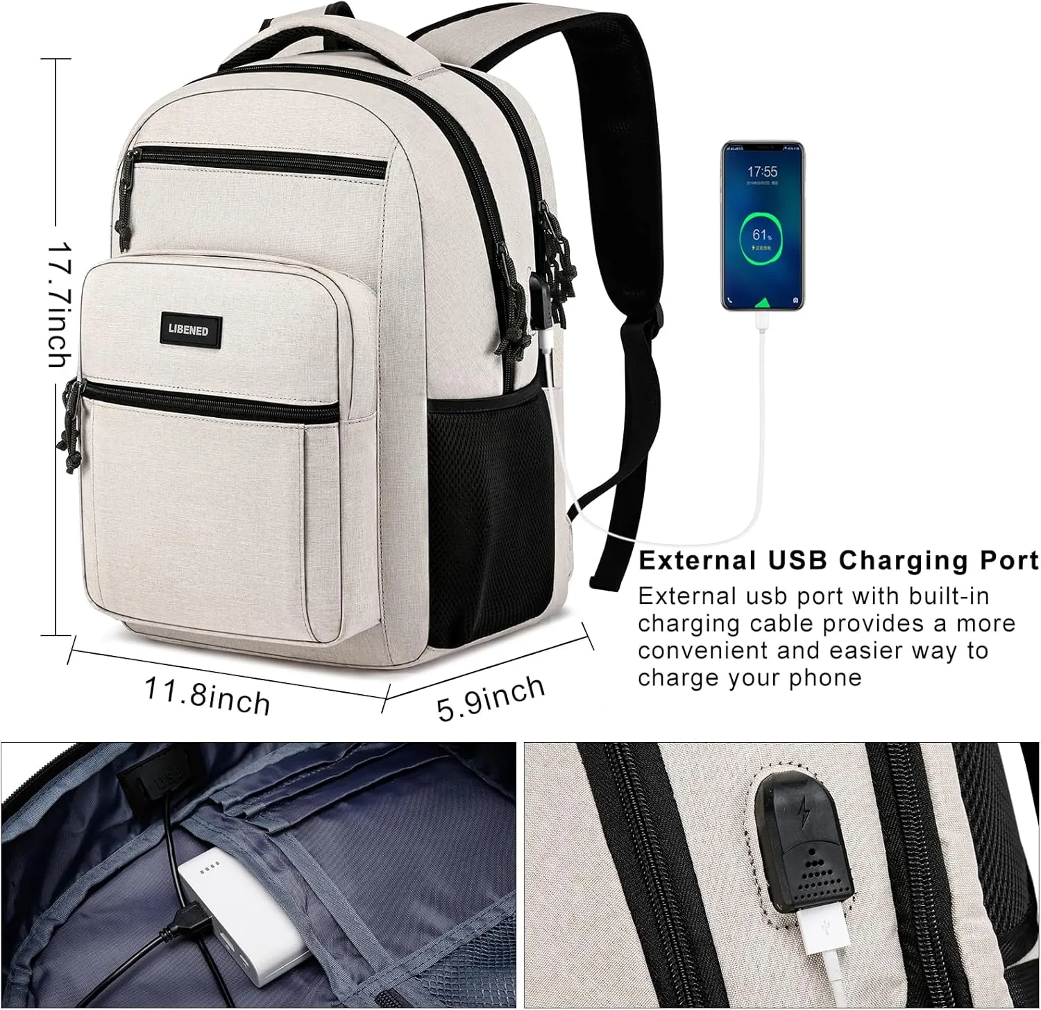 School Backpacks for Teens Boys and Girls, Laptop Teens backpack with USB Charging Port, 15.6 Inch Water Resistant Mochila for Work, College, Beige