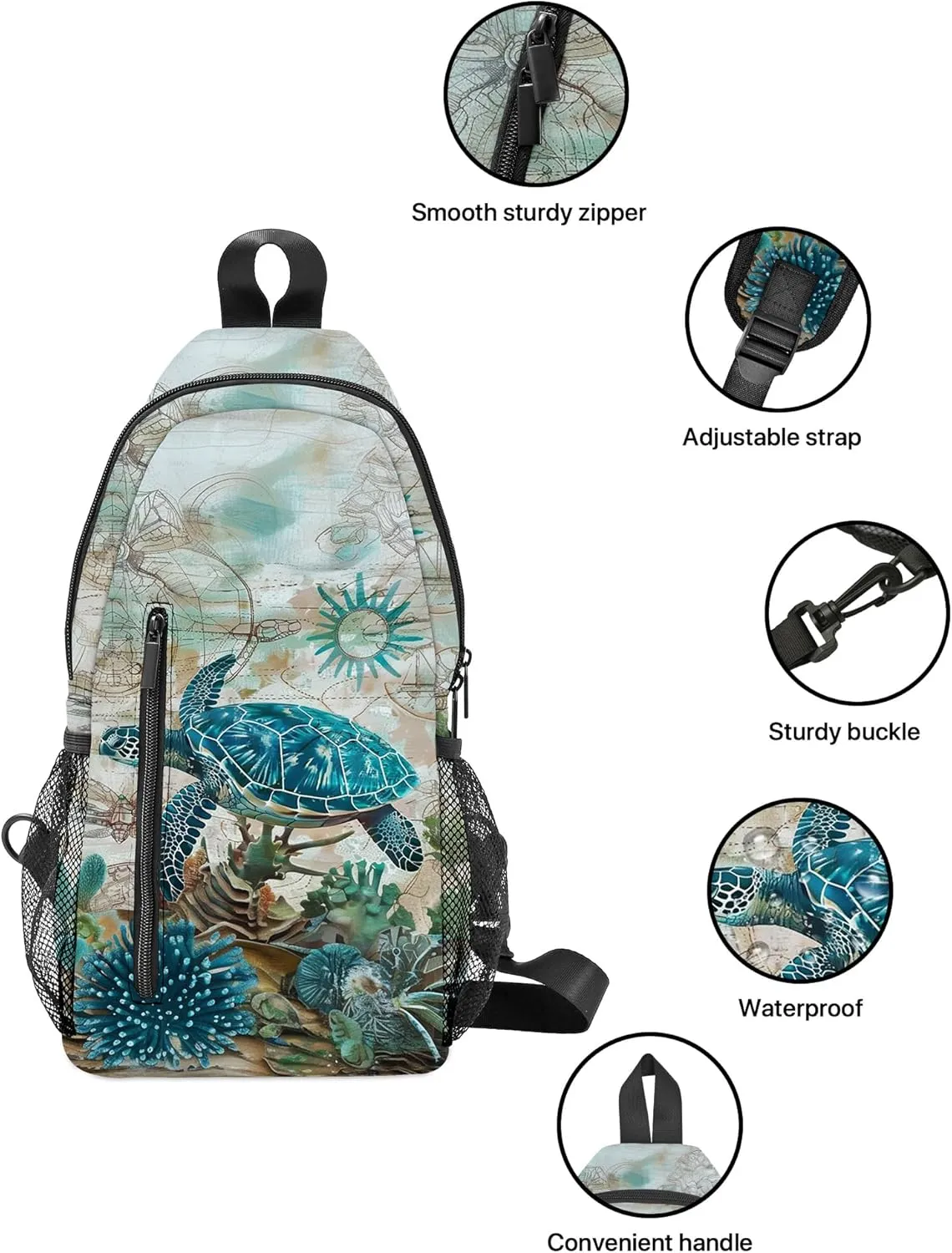 Sea Turtle Sling Bag Travel Sling Backpack Lightweight Chest Daypack with Adjustable Strap for Women Sports Running Hiking