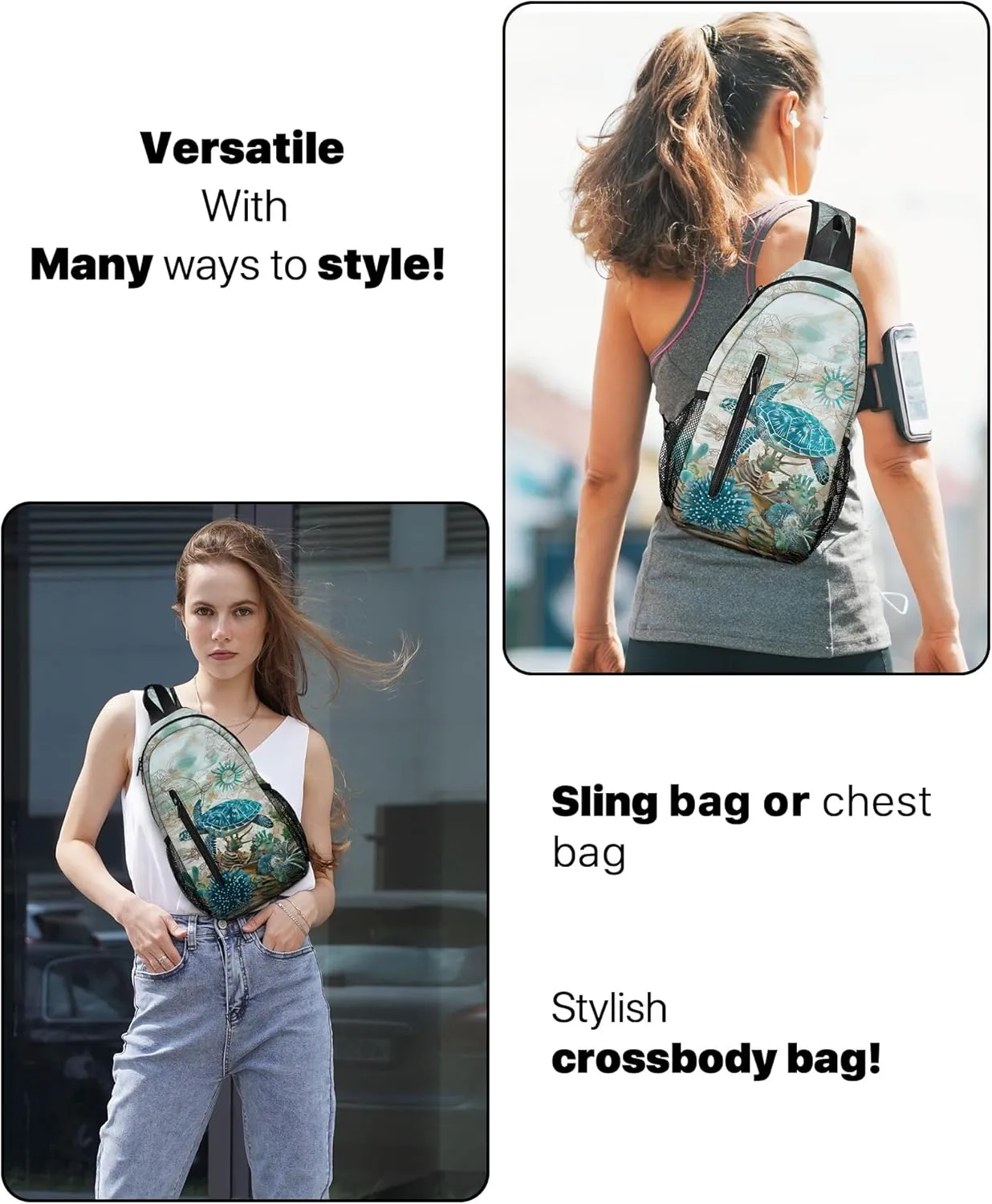 Sea Turtle Sling Bag Travel Sling Backpack Lightweight Chest Daypack with Adjustable Strap for Women Sports Running Hiking