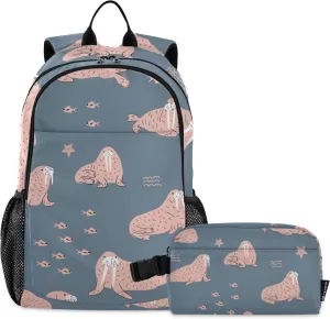 Sea Walrus Cute Backpack with Lunch Bag, School Travel Backpack for Teens Boys Girls Kids Backpacks Set
