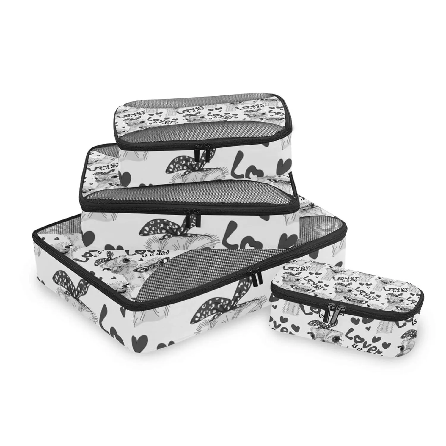 Seamless Grey Ostriches with Glasses Hairpins, Lover is a Day 4 Set Packing Cubes, Travel Packing Organizers, 600D Oxford Cloth Toiletry Storage Bag, Luggage Mesh Bags for Accessories