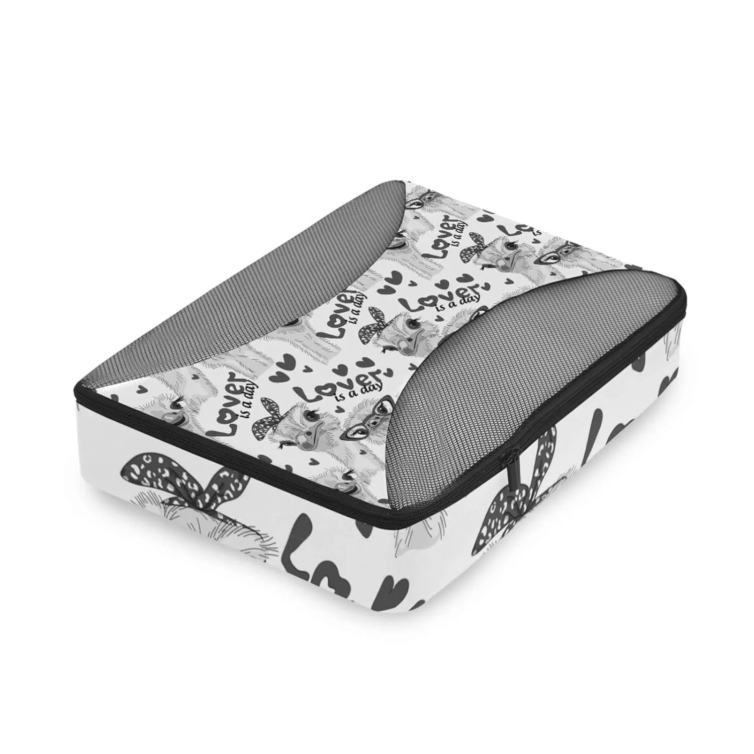 Seamless Grey Ostriches with Glasses Hairpins, Lover is a Day 4 Set Packing Cubes, Travel Packing Organizers, 600D Oxford Cloth Toiletry Storage Bag, Luggage Mesh Bags for Accessories