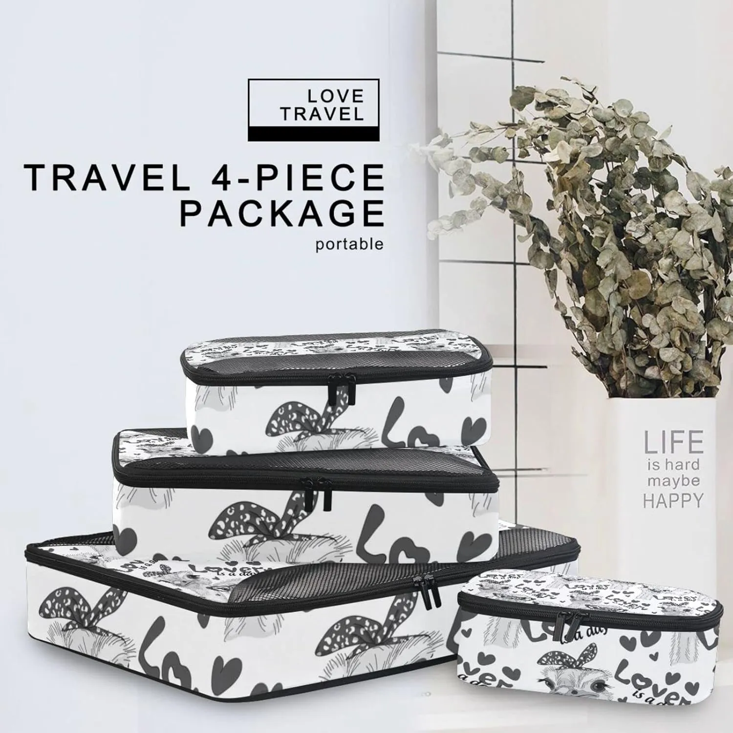 Seamless Grey Ostriches with Glasses Hairpins, Lover is a Day 4 Set Packing Cubes, Travel Packing Organizers, 600D Oxford Cloth Toiletry Storage Bag, Luggage Mesh Bags for Accessories