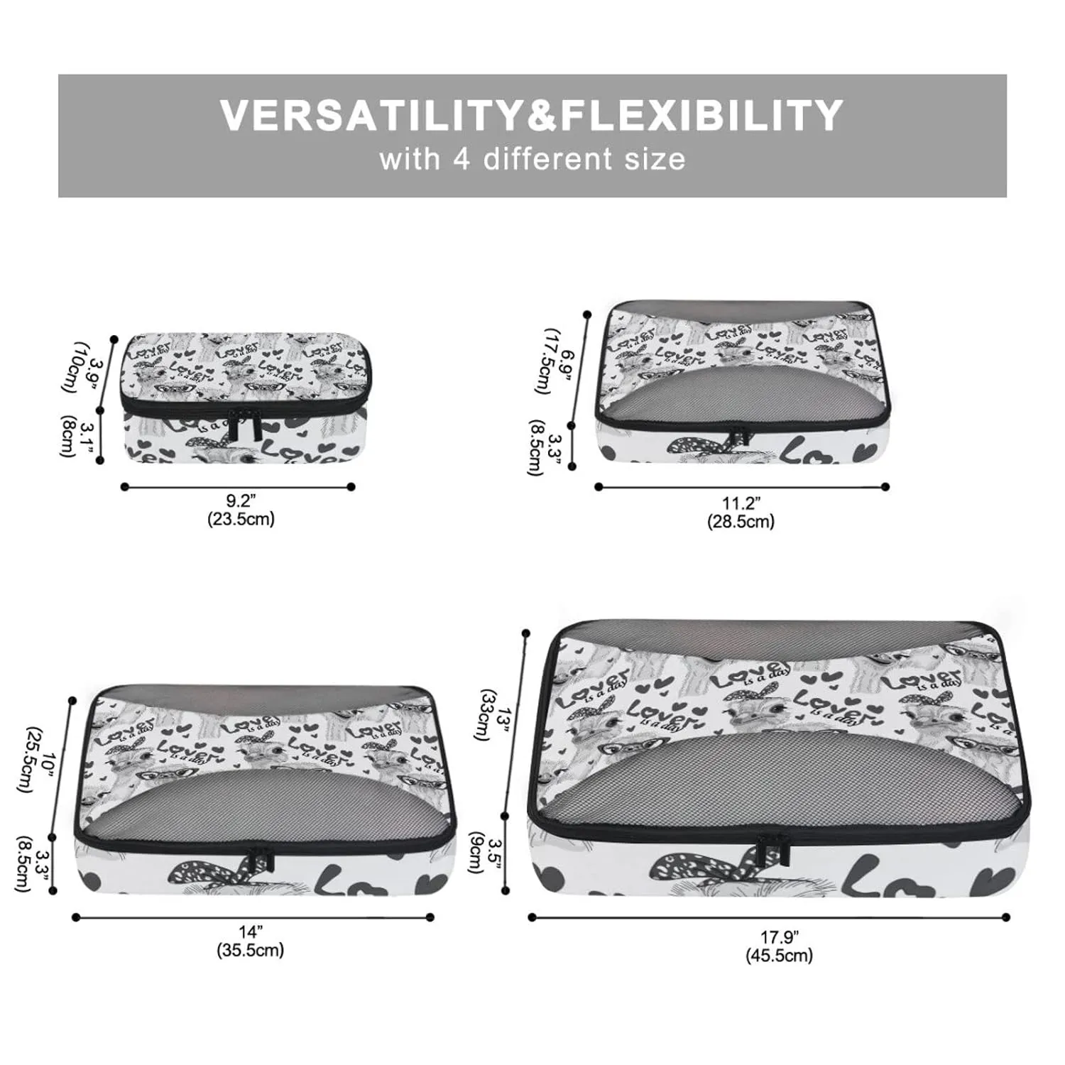 Seamless Grey Ostriches with Glasses Hairpins, Lover is a Day 4 Set Packing Cubes, Travel Packing Organizers, 600D Oxford Cloth Toiletry Storage Bag, Luggage Mesh Bags for Accessories