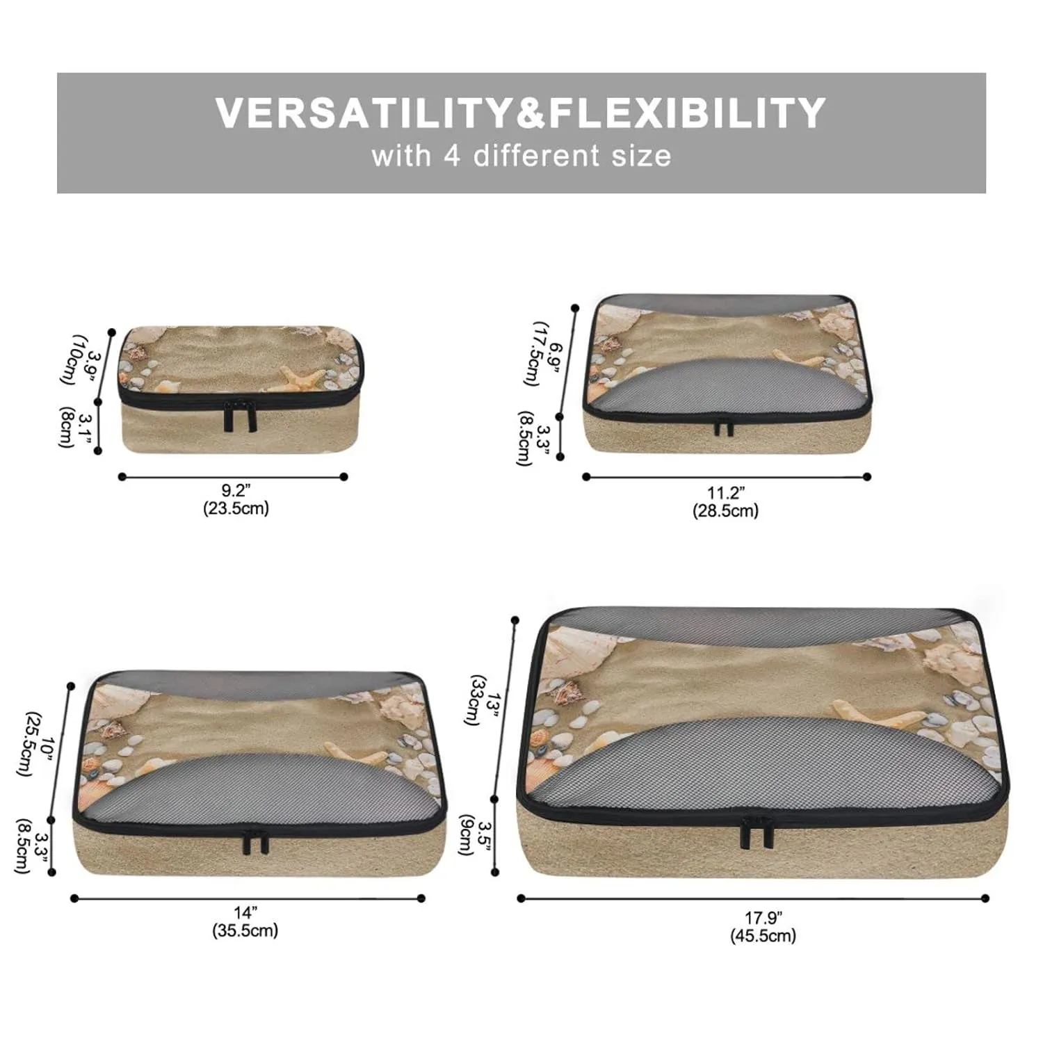 Seashells, Starfish and Sea Pebbles Frame on Beach Sand 4 Set Packing Cubes, Travel Packing Organizers, 600D Oxford Cloth Toiletry Storage Bag, Luggage Mesh Bags for Accessories