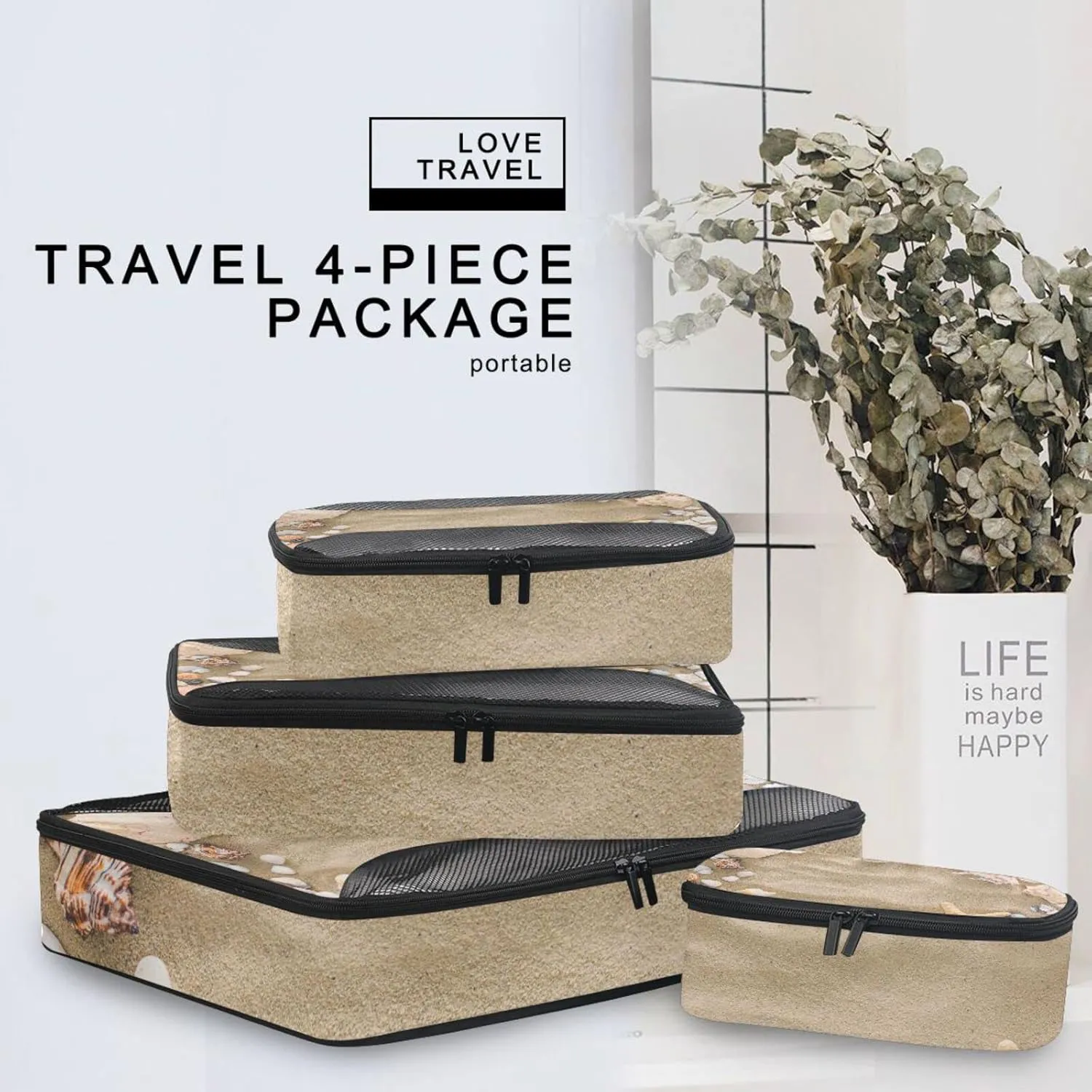 Seashells, Starfish and Sea Pebbles Frame on Beach Sand 4 Set Packing Cubes, Travel Packing Organizers, 600D Oxford Cloth Toiletry Storage Bag, Luggage Mesh Bags for Accessories