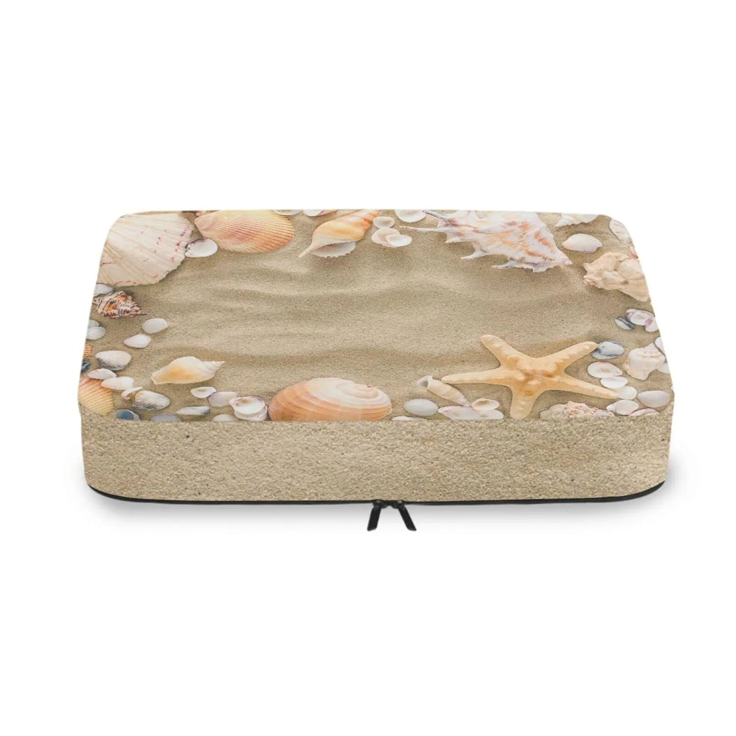 Seashells, Starfish and Sea Pebbles Frame on Beach Sand 4 Set Packing Cubes, Travel Packing Organizers, 600D Oxford Cloth Toiletry Storage Bag, Luggage Mesh Bags for Accessories