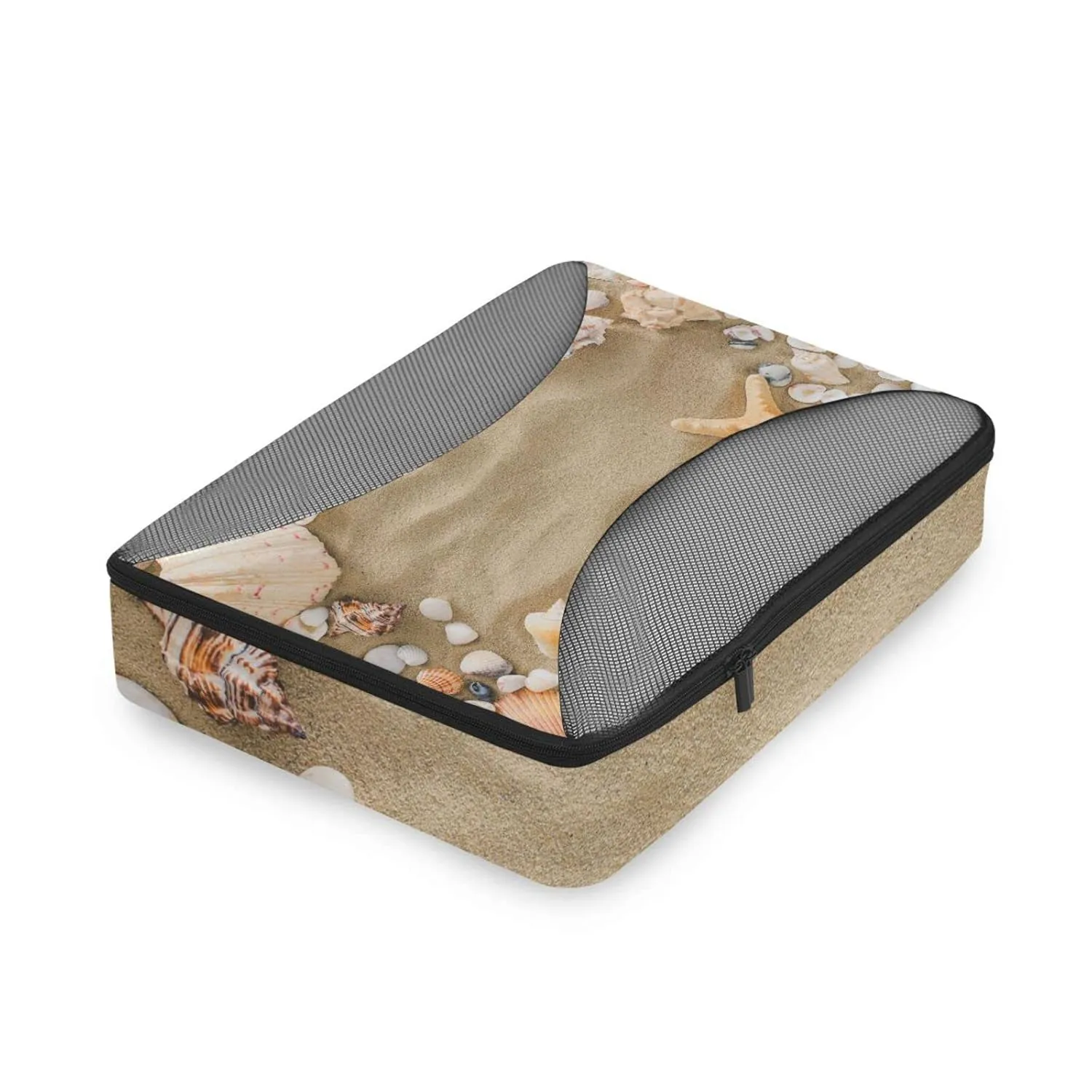 Seashells, Starfish and Sea Pebbles Frame on Beach Sand 4 Set Packing Cubes, Travel Packing Organizers, 600D Oxford Cloth Toiletry Storage Bag, Luggage Mesh Bags for Accessories