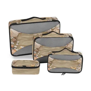 Seashells, Starfish and Sea Pebbles Frame on Beach Sand 4 Set Packing Cubes, Travel Packing Organizers, 600D Oxford Cloth Toiletry Storage Bag, Luggage Mesh Bags for Accessories