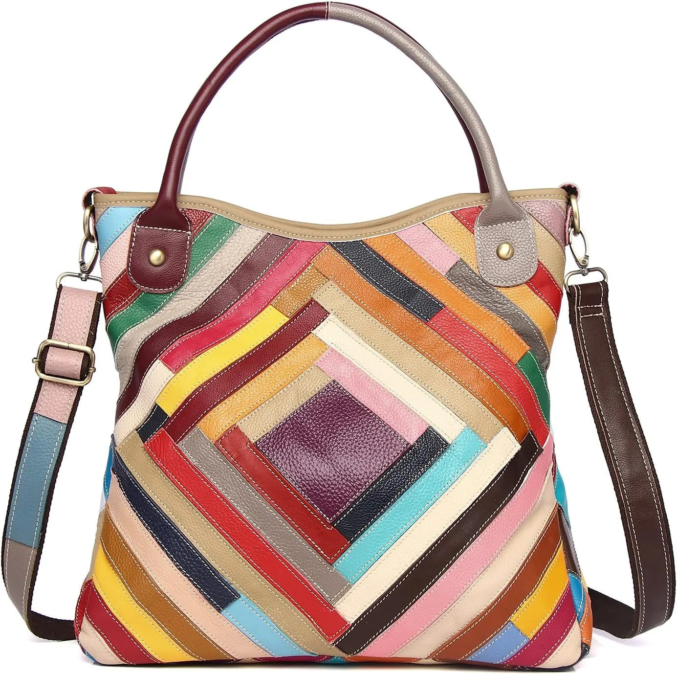 Segater® Womens Genuine Leather Tote Multicolor Handbag Random Color matching Hobo Crossbody Shoulder Bag Top-handle Purses Fashion Satchels