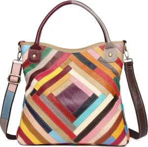 Segater® Womens Genuine Leather Tote Multicolor Handbag Random Color matching Hobo Crossbody Shoulder Bag Top-handle Purses Fashion Satchels