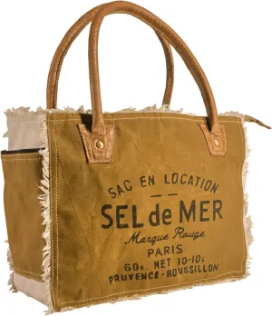 Sel de mer upcycled canvas hand bag upcycled canvas & cowhide tote bag (10X13 Inch)