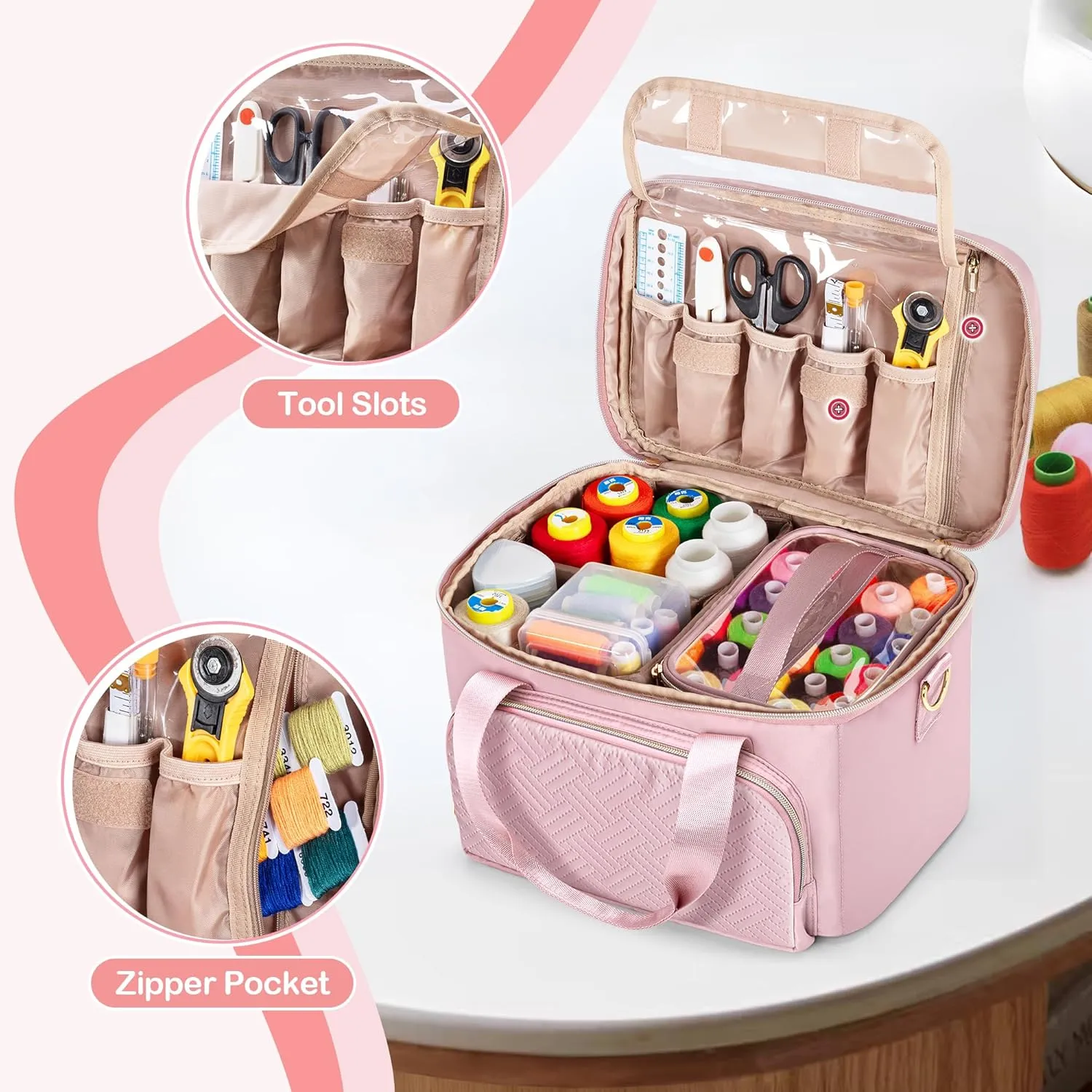 Sewing Storage Organizer with 2 Detachable Cases, Large Sewing Supplies Bag for Sewing Accessories and Tools, Pink(Bag Only)