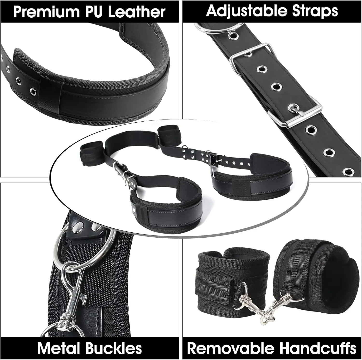 Sex Bondage BDSM Kit, Bed Restraints Thigh Sling Spreader Straps Neck to Thigh/Ankle Restraint Bondage Submissive Gear, Open Leg Straps SM Game Kinky Sex Toys for Women Couples Beginner (Black)