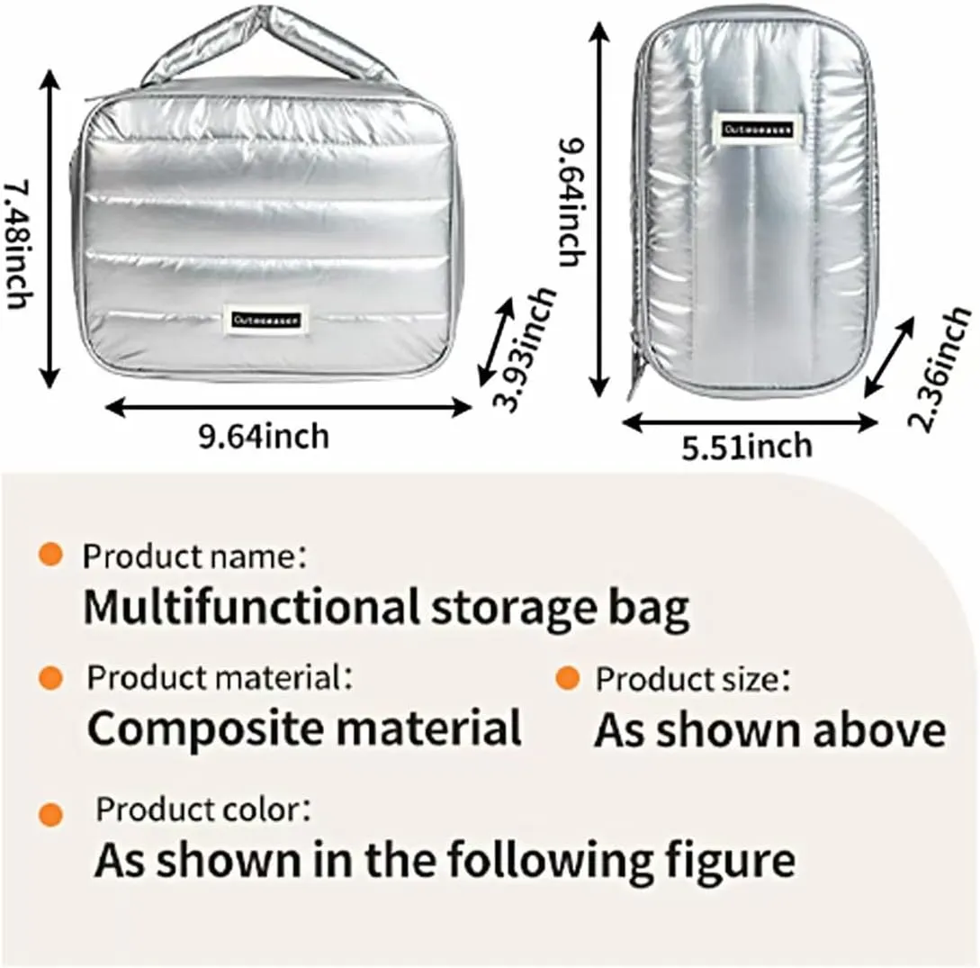 Shiny Puffy Makeup Bag Large Capacity Travel Water-proof Toiletry Bag Drop-proof Digital Product Organizer (Black, L)