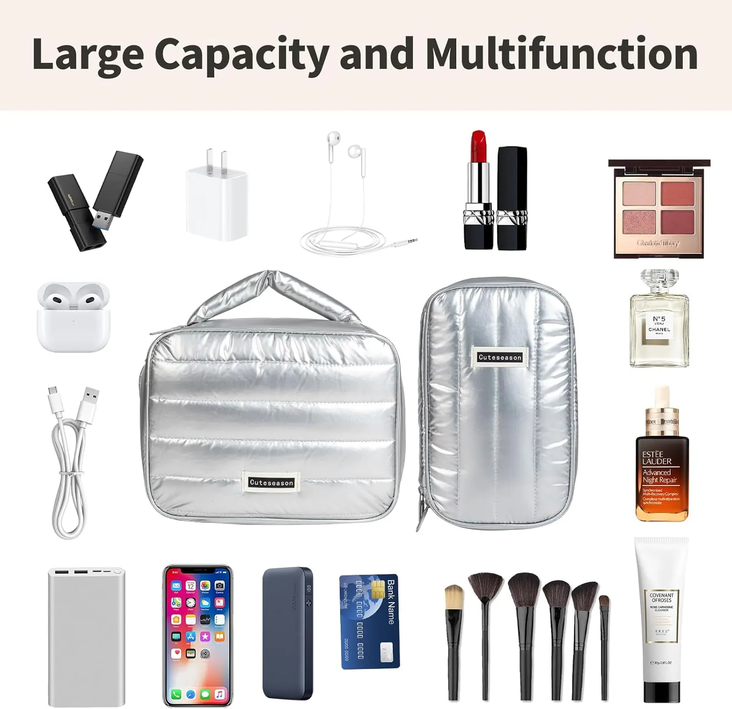 Shiny Puffy Makeup Bag Large Capacity Travel Water-proof Toiletry Bag Drop-proof Digital Product Organizer (Black, L)
