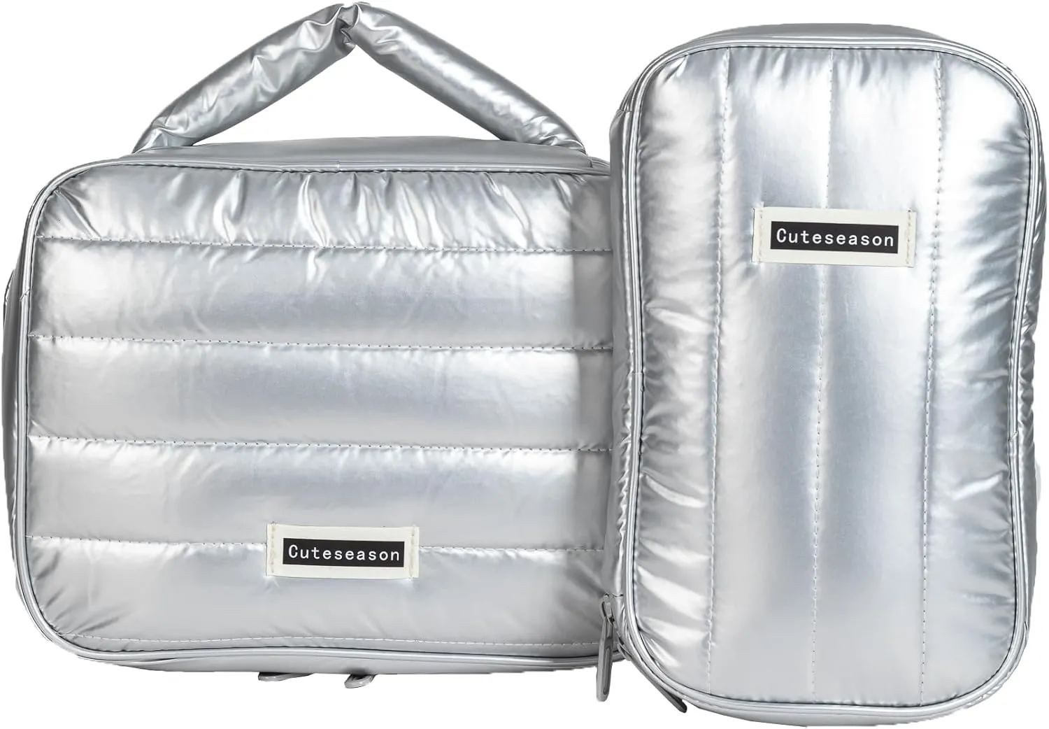 Shiny Puffy Makeup Bag Large Capacity Travel Water-proof Toiletry Bag Drop-proof Digital Product Organizer (Silver, L and M)