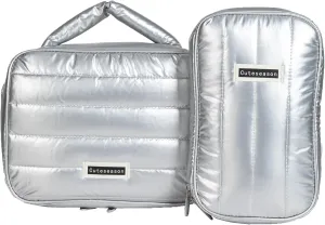 Shiny Puffy Makeup Bag Large Capacity Travel Water-proof Toiletry Bag Drop-proof Digital Product Organizer (Silver, L and M)
