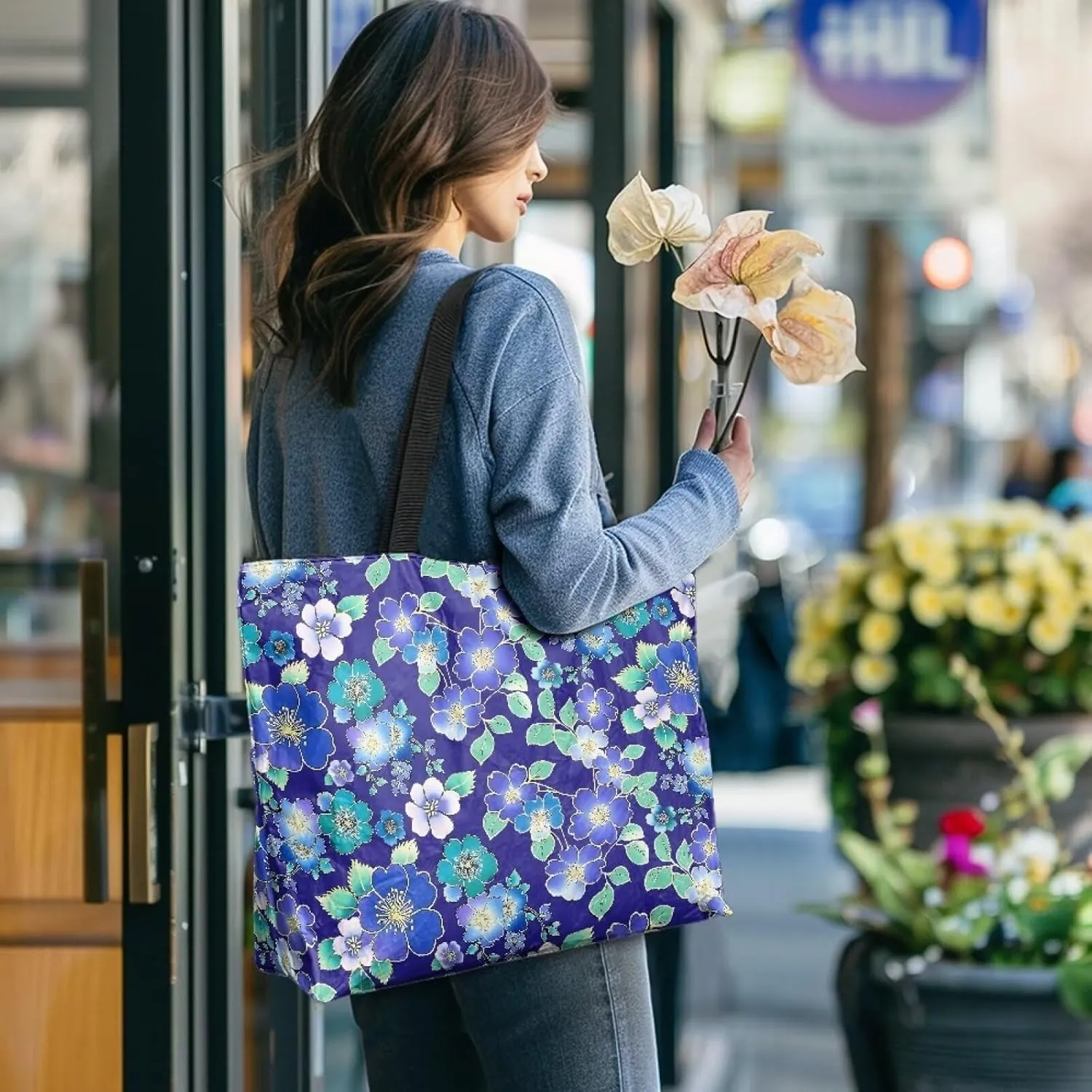 Shoulder Tote Bag for Women Foldable Hobo Handbag, Abstract Painting Art Eco Shopping Bag Tote Grocery Bags