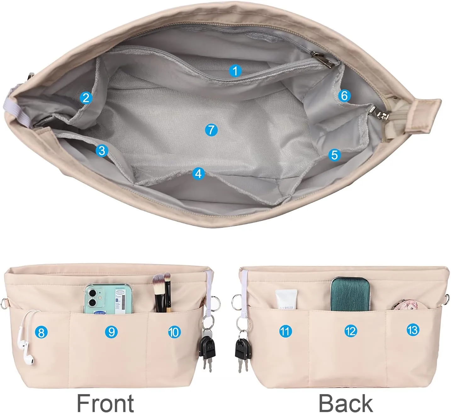 Sightor Nylon Handbag Organizer Insert - Purse Tote Shaper in Bag (Beige, X-Large)