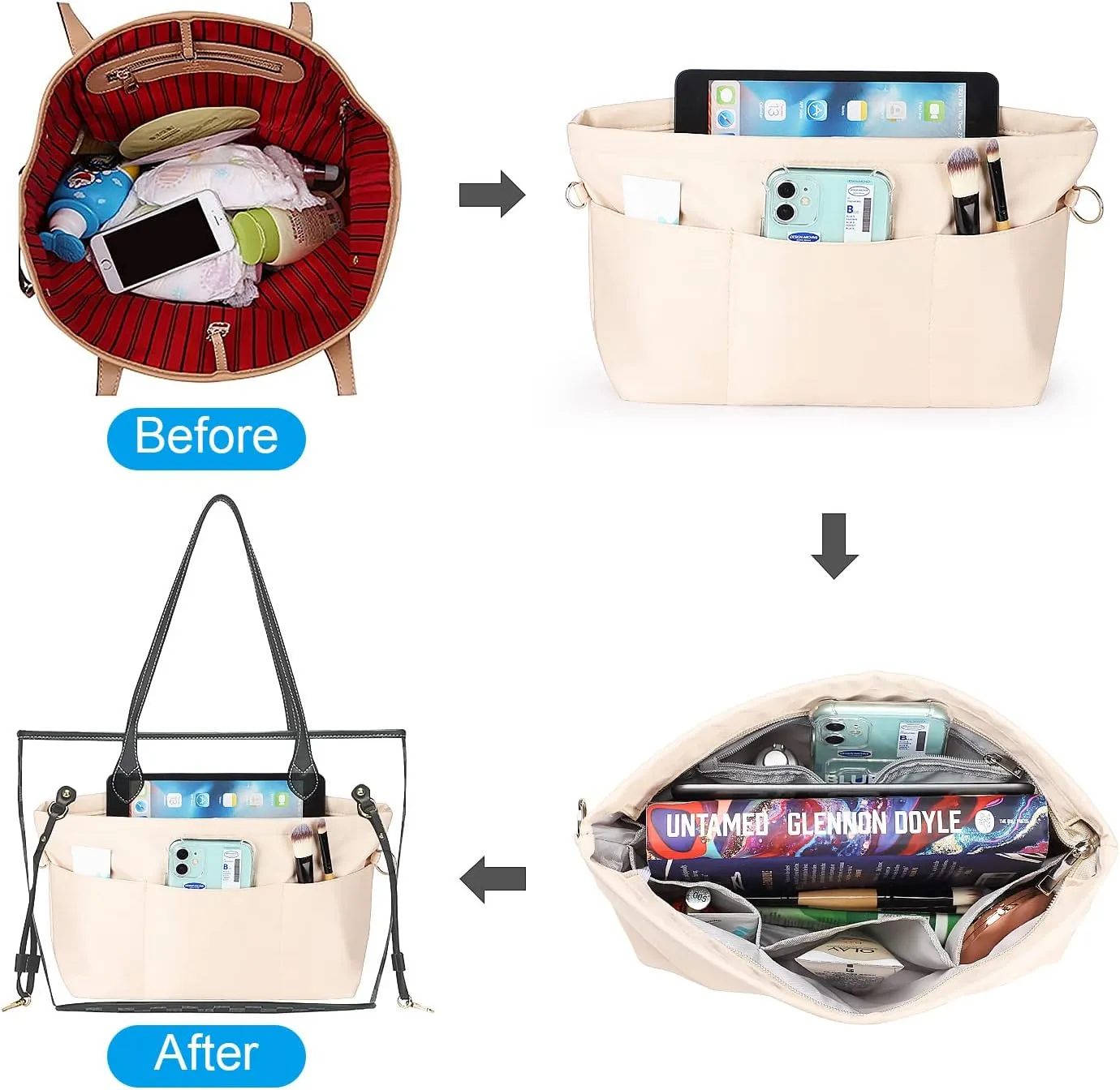 Sightor Nylon Handbag Organizer Insert - Purse Tote Shaper in Bag (Beige, X-Large)
