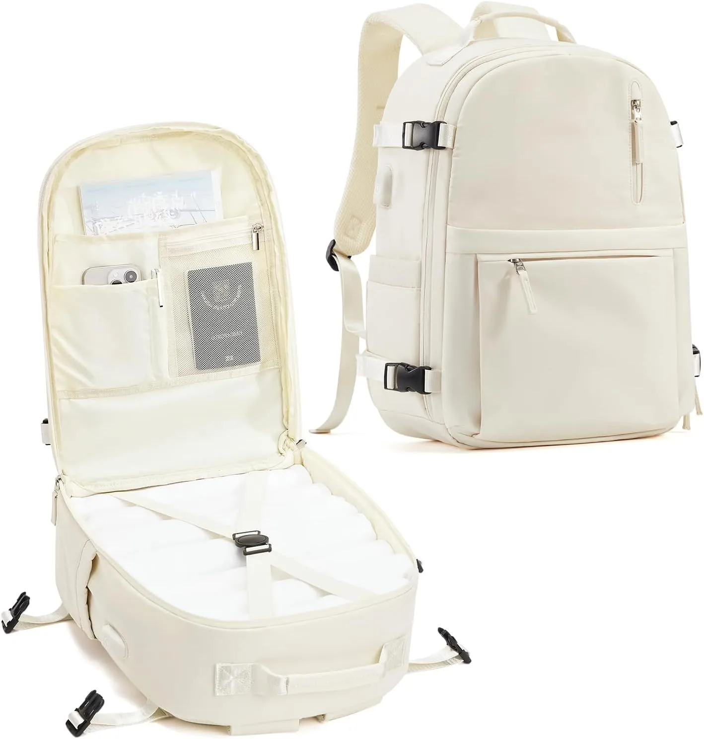 Simple Travel Backpack for Women Men Mochila de Viaje 15.6Inch Laptop Travel Backpack Carry on Flight Approved Backpacks Waterproof Luggage Backpack Luggage Backpack with USB Charging Port(Beige)