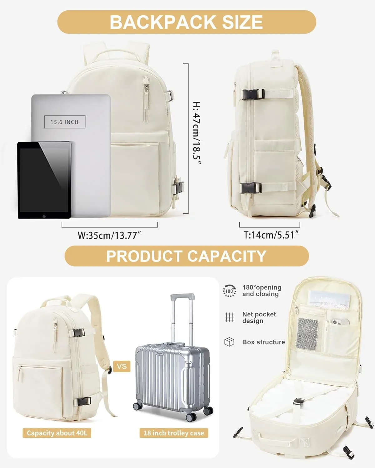 Simple Travel Backpack for Women Men Mochila de Viaje 15.6Inch Laptop Travel Backpack Carry on Flight Approved Backpacks Waterproof Luggage Backpack Luggage Backpack with USB Charging Port(Beige)