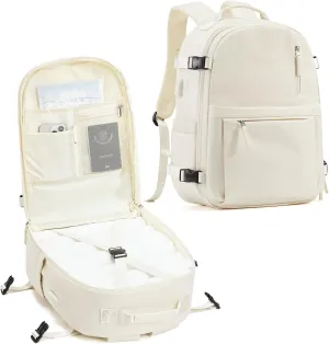Simple Travel Backpack for Women Men Mochila de Viaje 15.6Inch Laptop Travel Backpack Carry on Flight Approved Backpacks Waterproof Luggage Backpack Luggage Backpack with USB Charging Port(Beige)