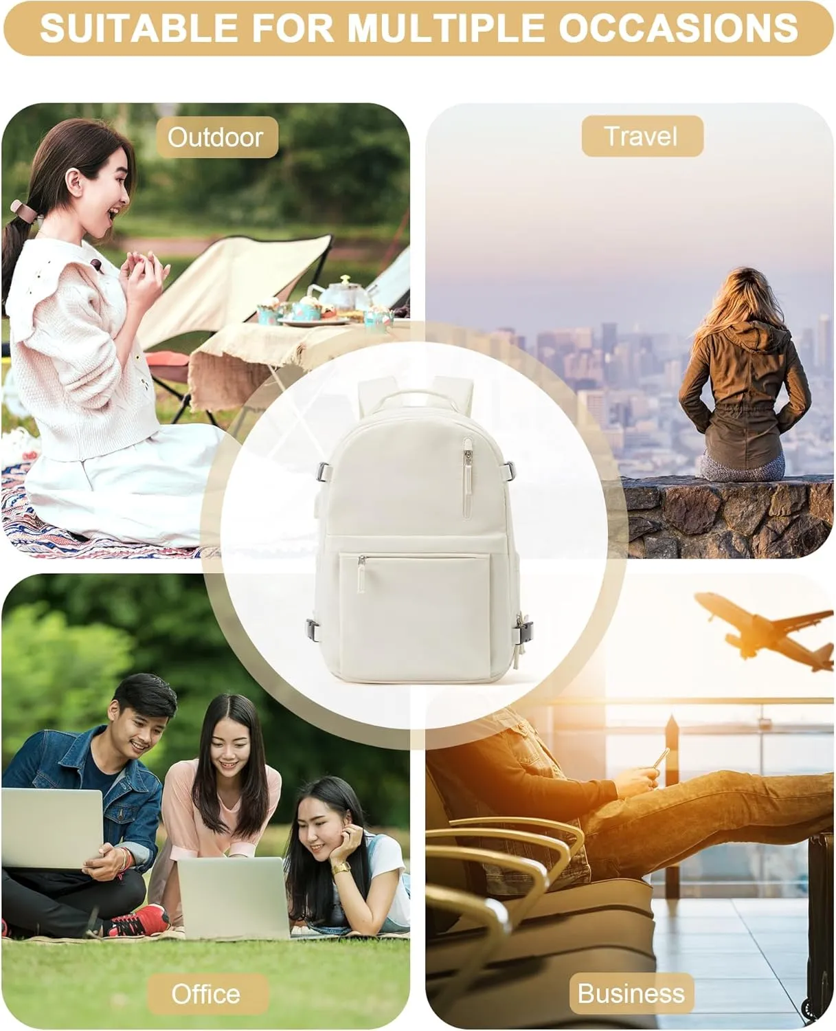Simple Travel Backpack for Women Men Mochila de Viaje 15.6Inch Laptop Travel Backpack Carry on Flight Approved Backpacks Waterproof Luggage Backpack Luggage Backpack with USB Charging Port(Beige)