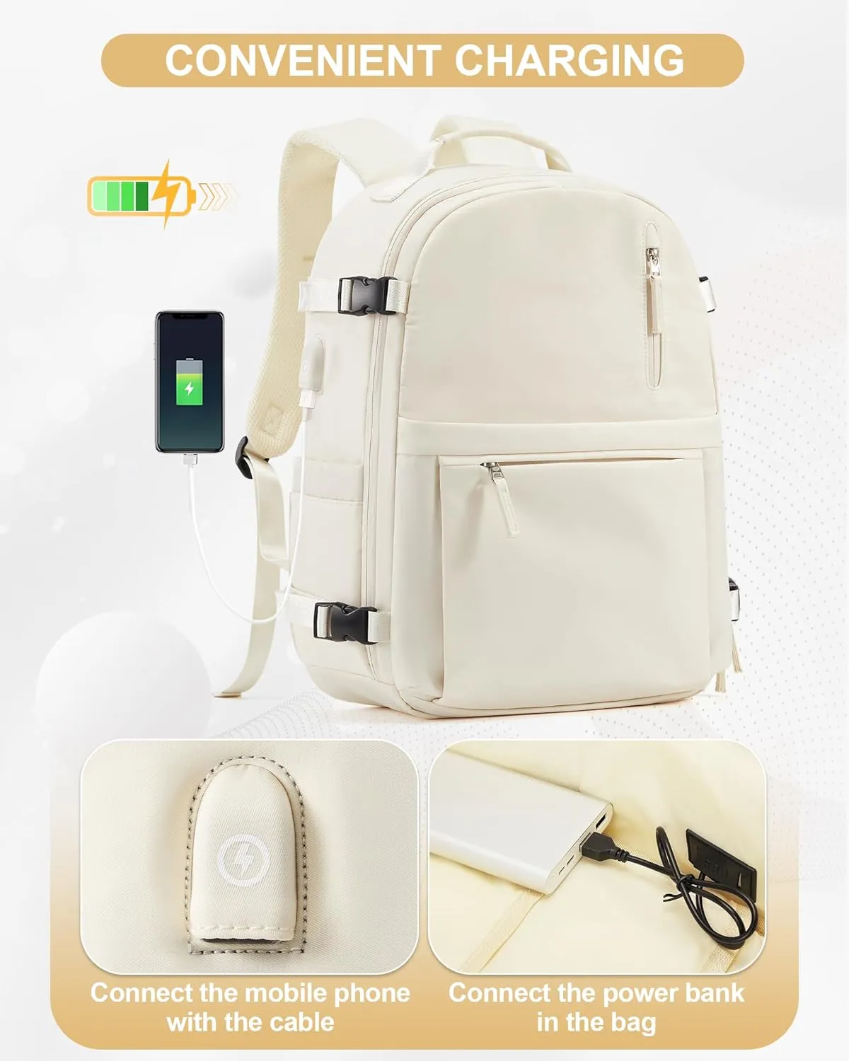 Simple Travel Backpack for Women Men Mochila de Viaje 15.6Inch Laptop Travel Backpack Carry on Flight Approved Backpacks Waterproof Luggage Backpack Luggage Backpack with USB Charging Port(Beige)