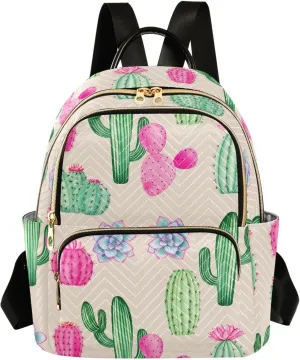 Sinestour Cactus Succulent Flora Beige Women Backpack Purse Large Capacity Casual Daypack Leather Handle Travel Work College Backpack