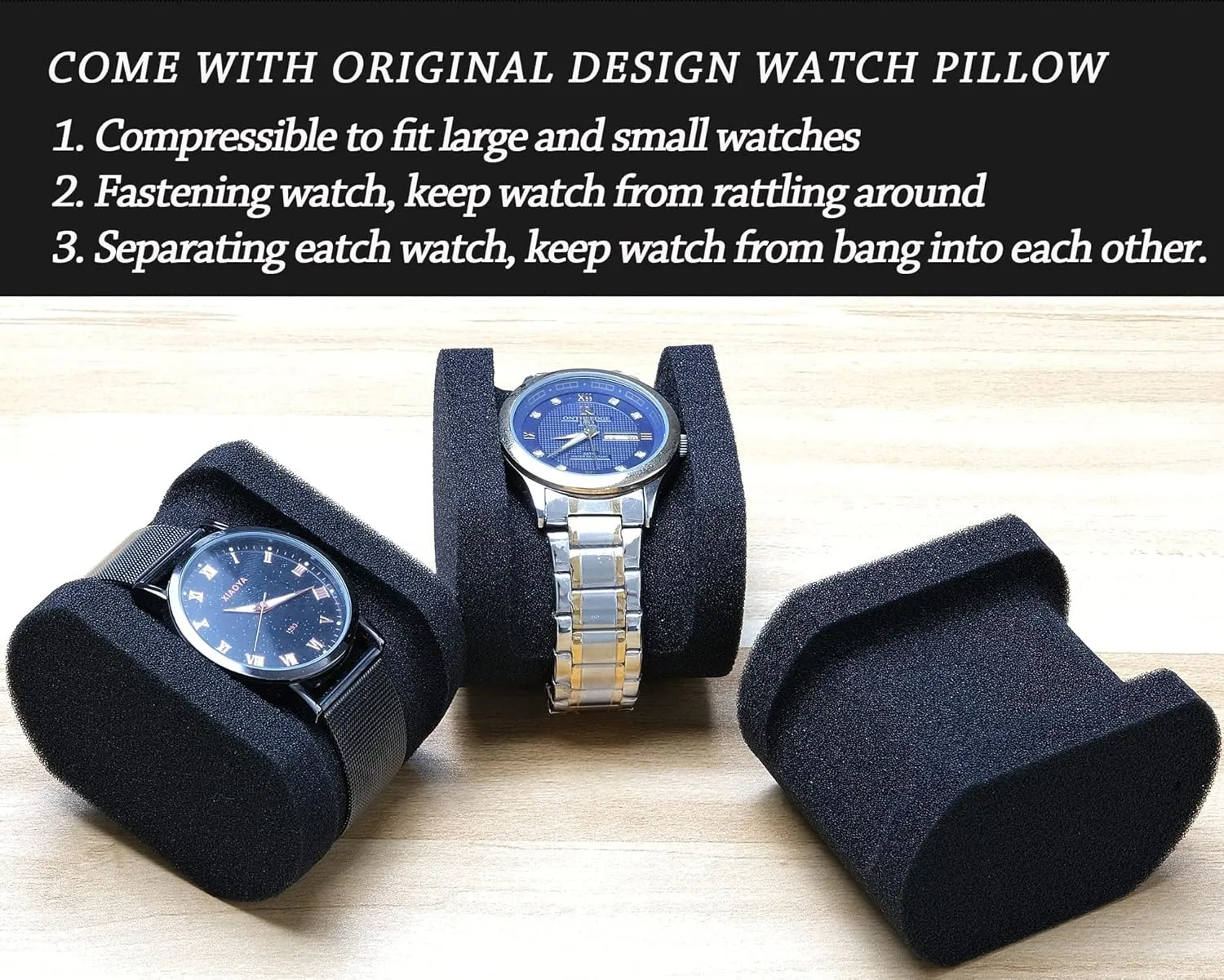 Single Hard Watch travel case, Men's wristwatch smartwatch sports watch Roll Display Organizer box with custom flexible pillow fit up to 55mm face watch