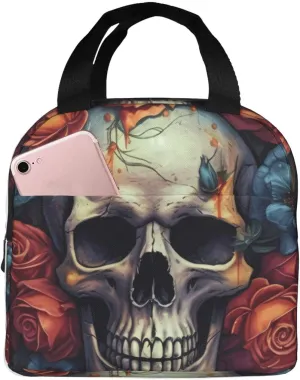 Skull Surrounded By Flowers Lunch Bag Insulated Reusable Lunch Box For Women Men Portable Leakproof Lunch Tote Bag Cooler Food Lunch Containers For Work Travel Outdoor