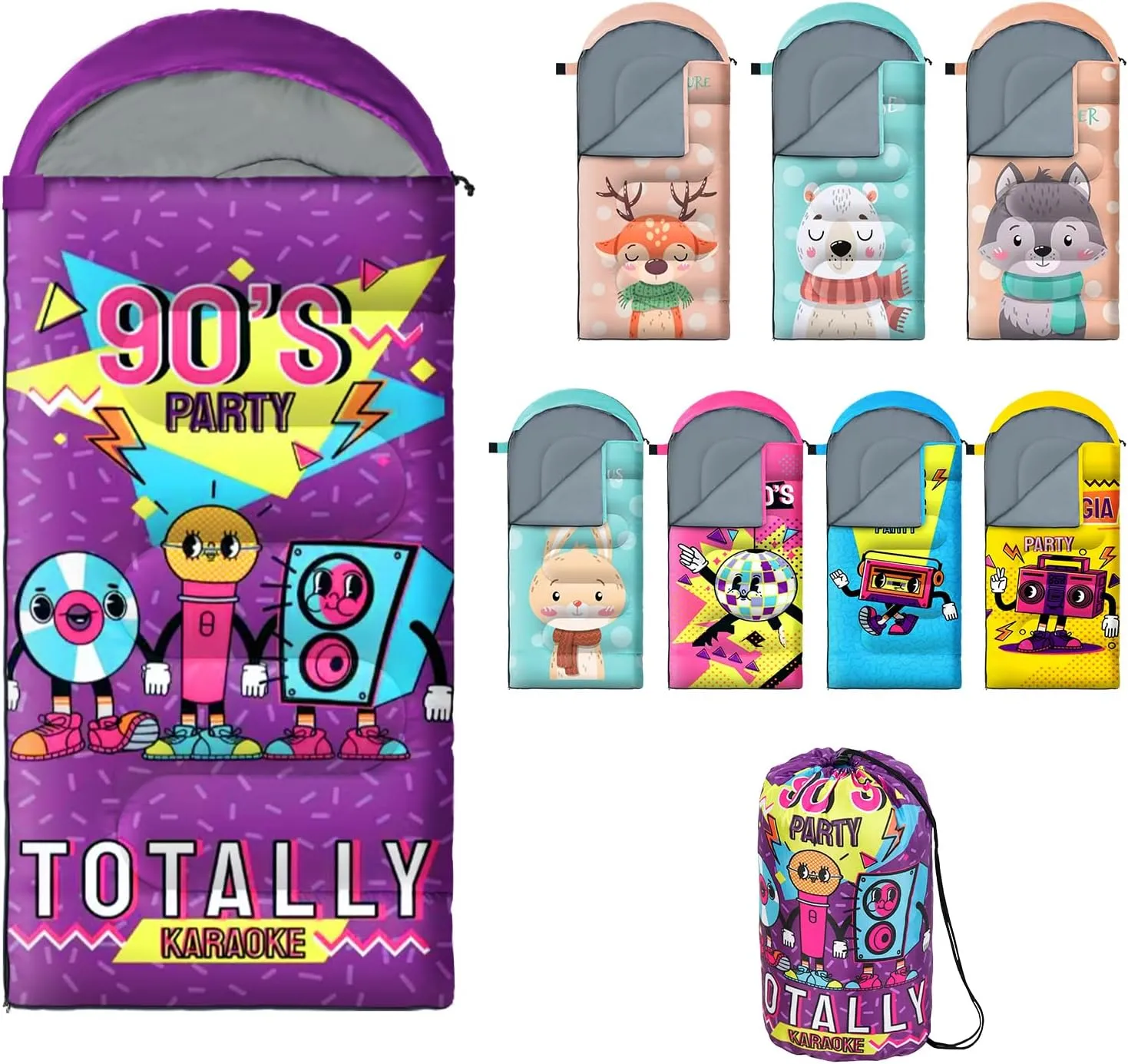 Sleeping Bag for Kids,Portable Camping Sleeping Bags for Boys&Girls with Cute Cartoon Print,Lightweight Waterproof Compact Sleeping Bag for Indoor Outdoor Hiking Travel