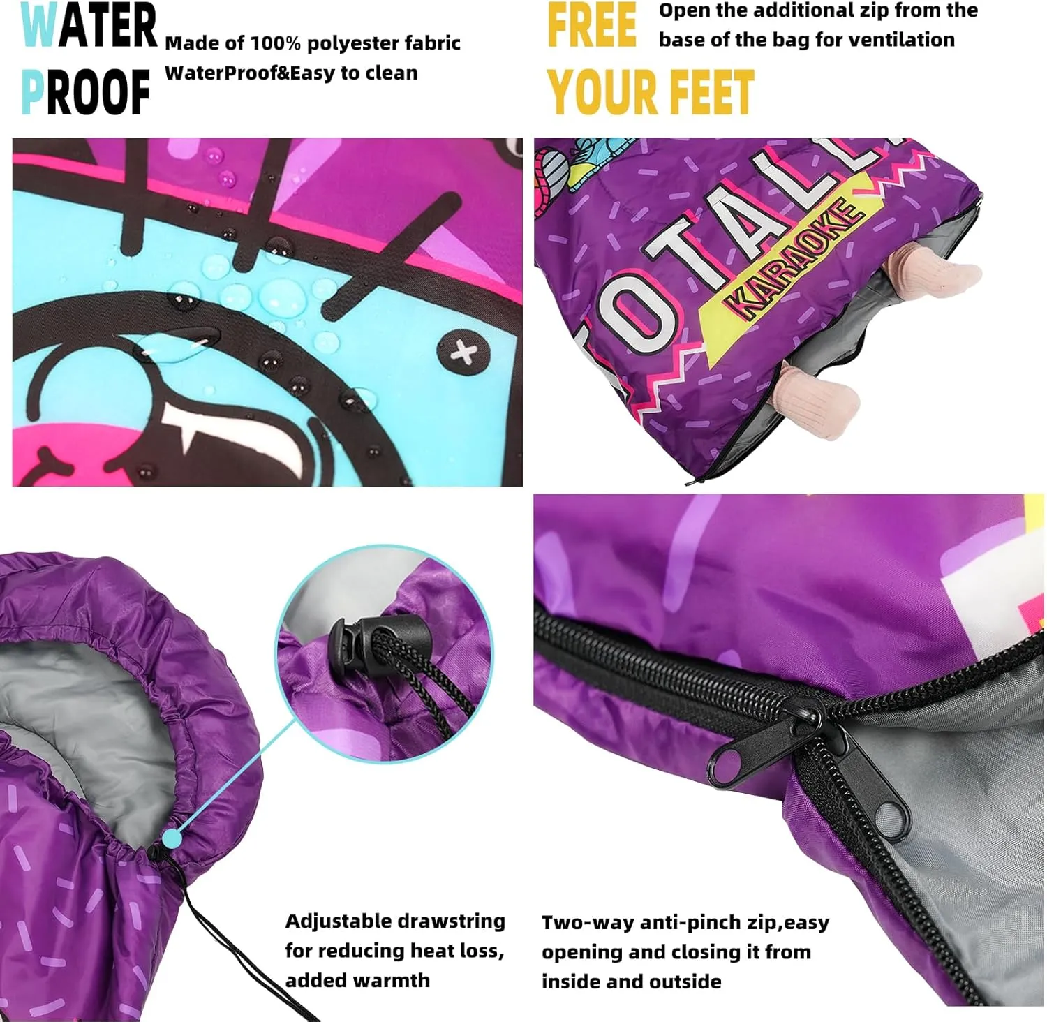 Sleeping Bag for Kids,Portable Camping Sleeping Bags for Boys&Girls with Cute Cartoon Print,Lightweight Waterproof Compact Sleeping Bag for Indoor Outdoor Hiking Travel