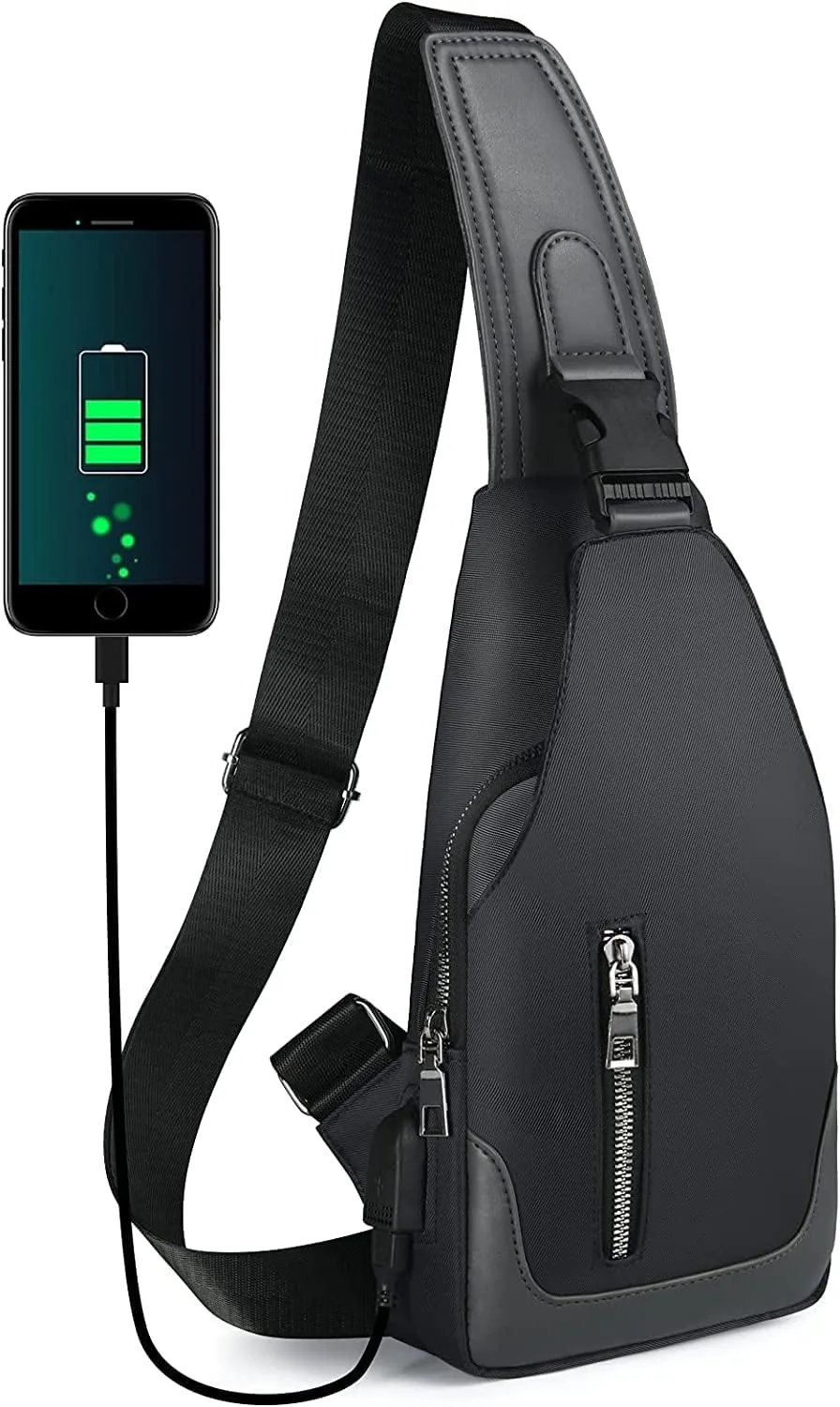 Sling Backpack with USB Charging Port, Chest Bag Crossbody Daypack Shoulder Bag for Men, Cycling, Hiking, Travel - Black