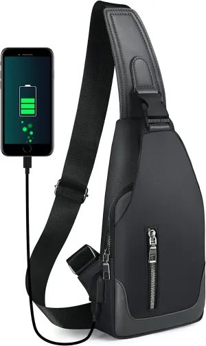 Sling Backpack with USB Charging Port, Chest Bag Crossbody Daypack Shoulder Bag for Men, Cycling, Hiking, Travel - Black