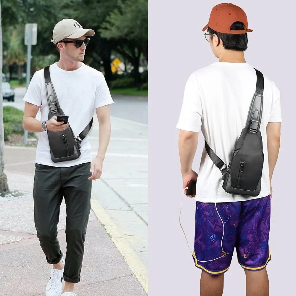 Sling Backpack with USB Charging Port, Chest Bag Crossbody Daypack Shoulder Bag for Men, Cycling, Hiking, Travel - Black