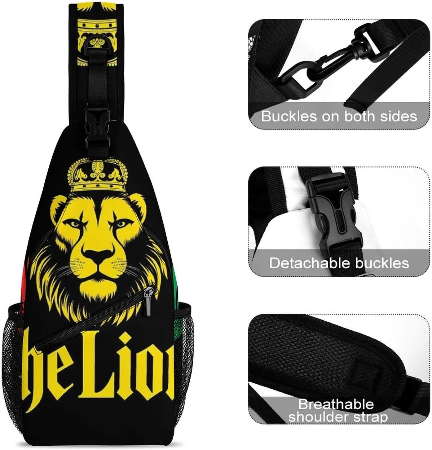 Sling Bag Backpack for Men Women Multipurpose Anti-Theft Satchel Bookbags Travel Rucksack Daypack Bookbag, African Flag Lion Judah Rasta Rastafari Jamaica Reggae Shoulder Crossbody Bag Chest Pack