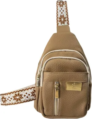 Sling Bag Fashion Backpack for Women Vegan Leather Crossbody Bags Fanny Pack Chest Bag for Travel (Khaki gold zipper)