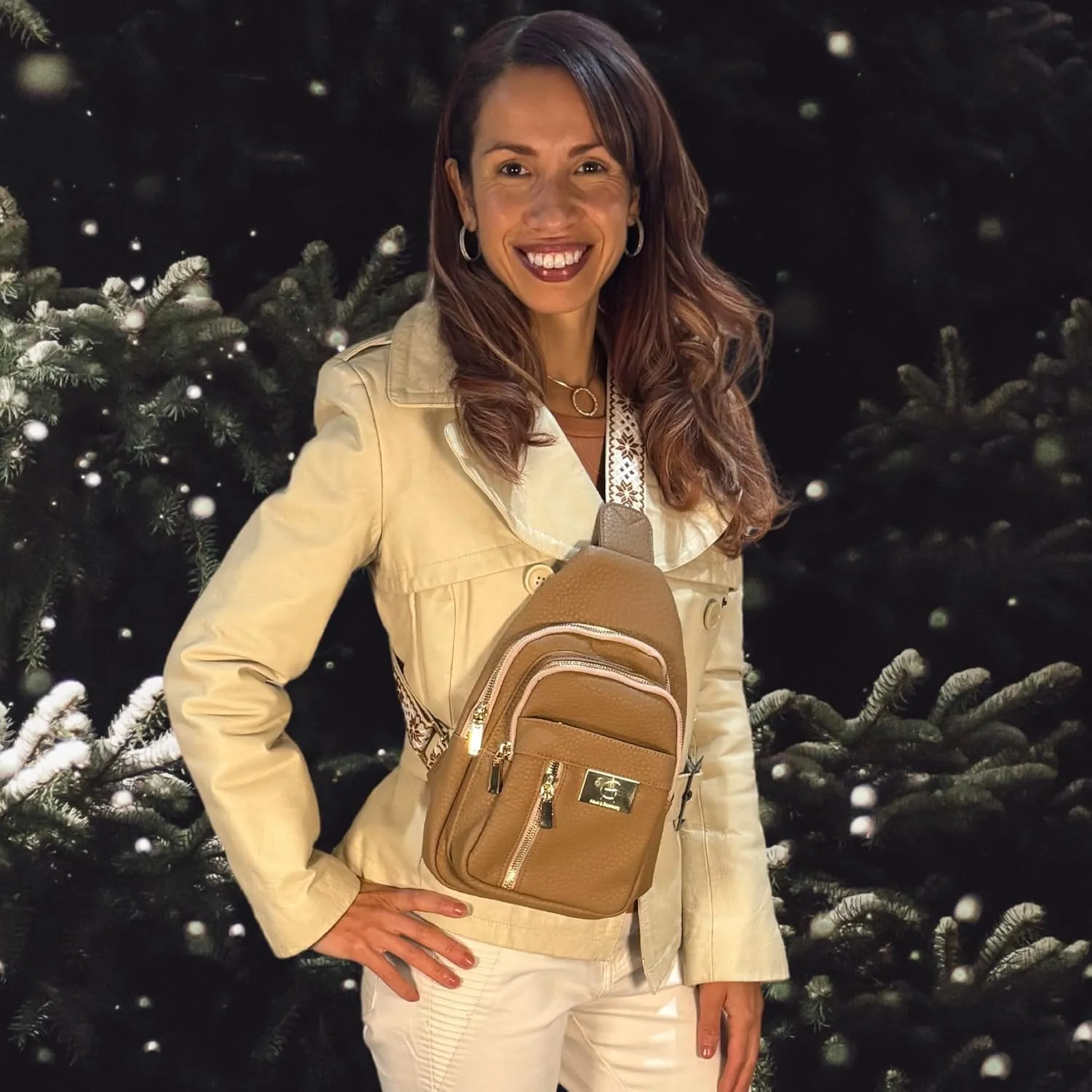 Sling Bag Fashion Backpack for Women Vegan Leather Crossbody Bags Fanny Pack Chest Bag for Travel (Khaki gold zipper)