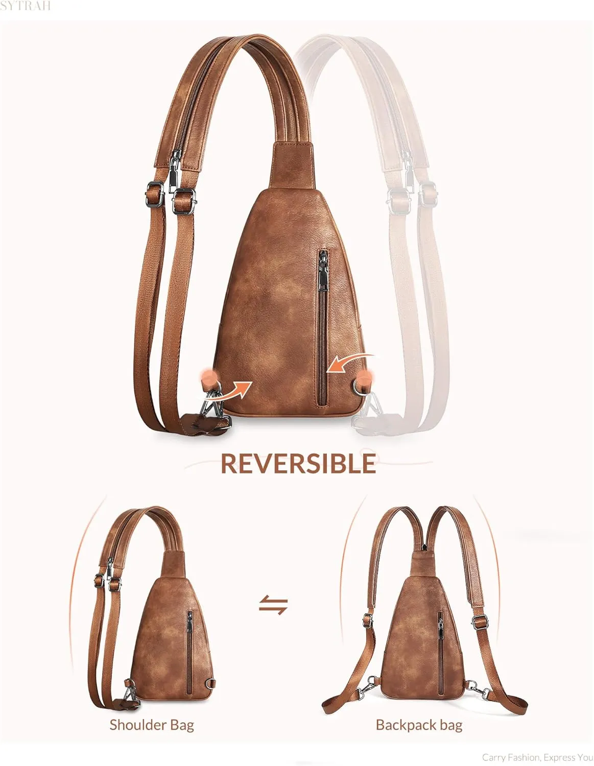 Sling Bag for Women, Crossbody Bags for Women Trendy Crossbody purse Vegan Leather Sling Backpack Chest Bag with Dual Purpose Strap, Mocha Brown