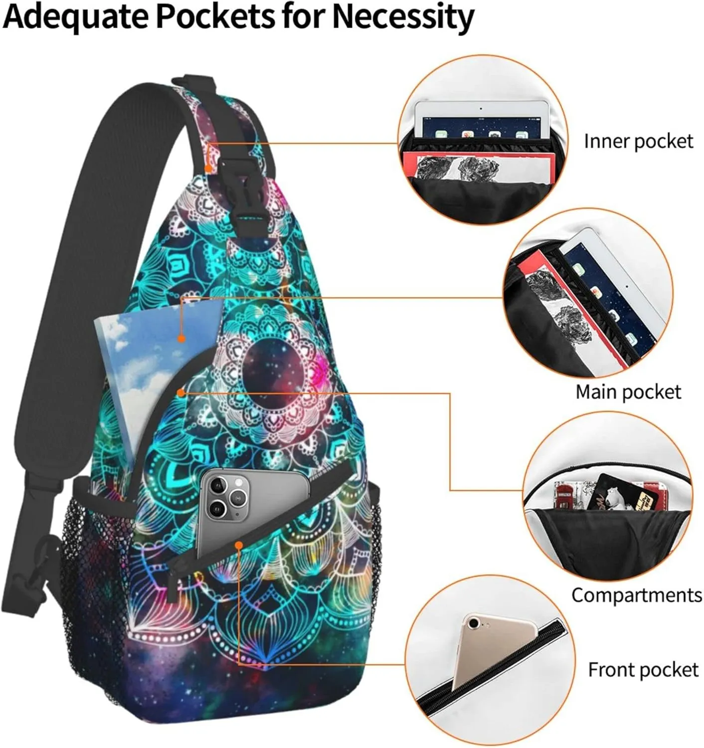 Sling Bag For Women Men, Crossbody Sling Backpack, Chest Bag for Hiking Travel Daypack, Multipurpose Lightweight Shoulder Bag, Galaxy Mandala